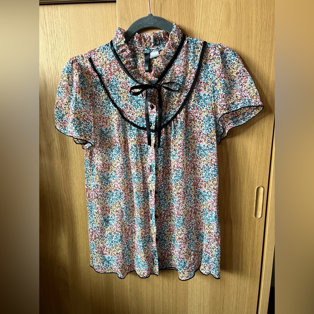 H&M Multicolor Floral Blouse with Black Ribbon Tie